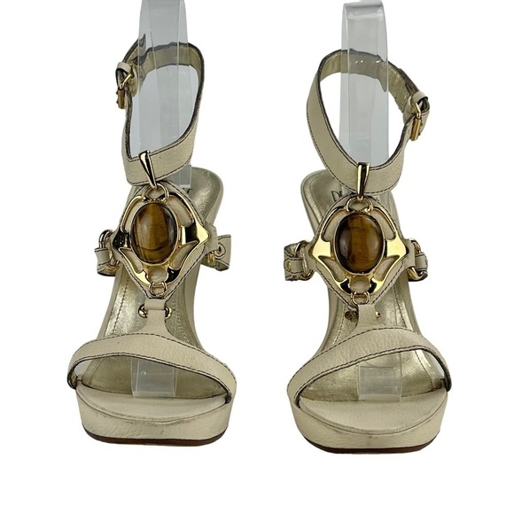 VINTAGE PELLE MODA 90S LEATHER PLATFORM TIGER EYE IVORY STRAPPY SANDAL HEELS - Picture 4 of 13